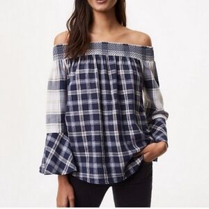 NWT Ann Taylor LOFT Shimmer Plaid Off The Shoulder Top blue blouse LARGE flirty